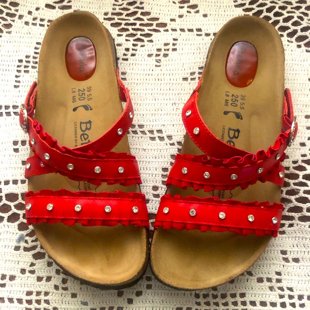 Birkenstock Betula Sandals - Red with Ruffle Trim (women size 8).